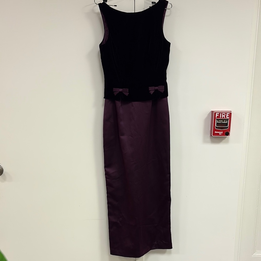 Dark plum velvet bodice & plum satin Maxi Dress. Elegant retro 60’s style